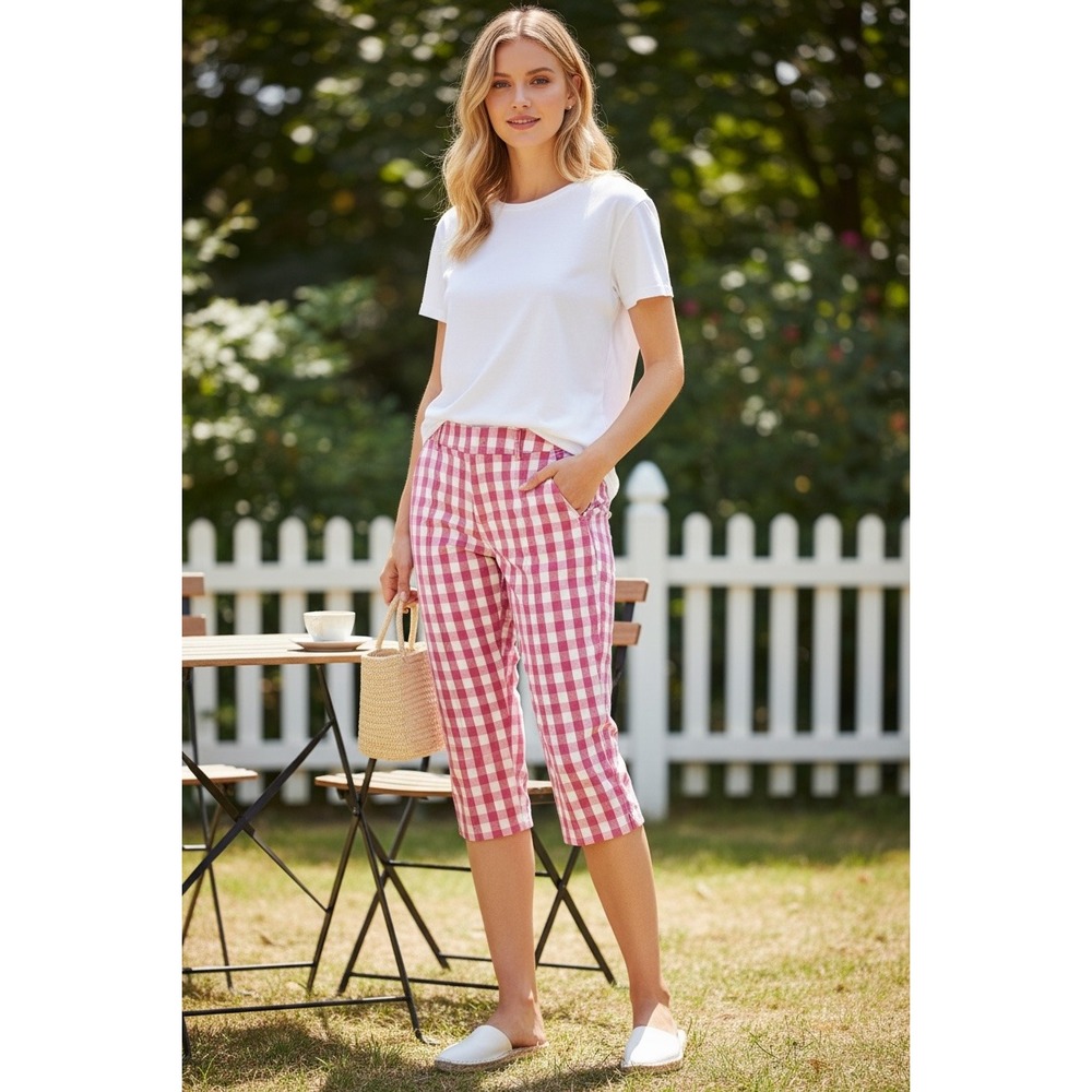 Time and Tru Pink Gingham Cropped Capri Pants Womens 10 Pink White Checkered
